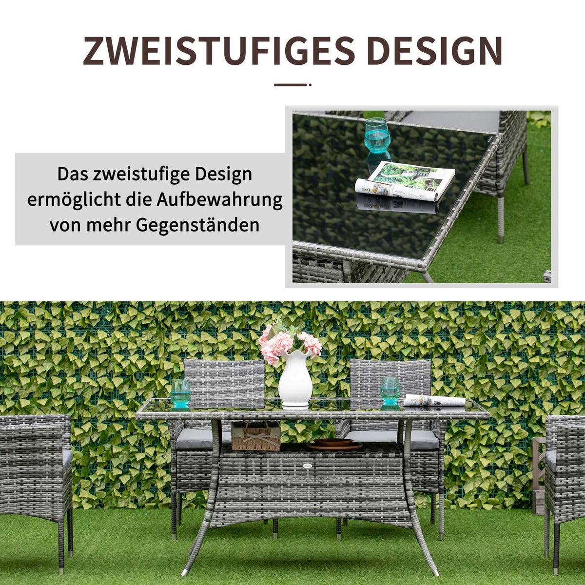 Garden Table Glass Table Polyrattan Safety Glass Gray Black 150X85X74Cm