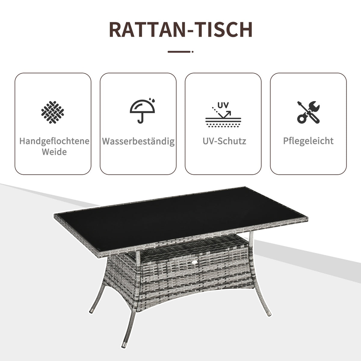 Garden Table Glass Table Polyrattan Safety Glass Gray Black 150X85X74Cm