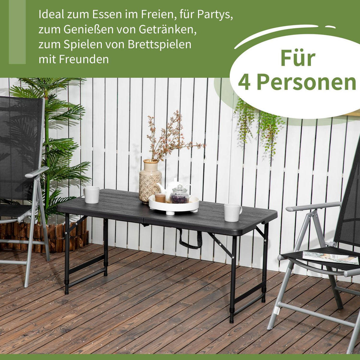 Garden Table, Height-Adjustable Folding Table, Patio Table For 4 People, Buffet Table With Steel Frame, 118 X 60 X 74 Cm, Dark Gray