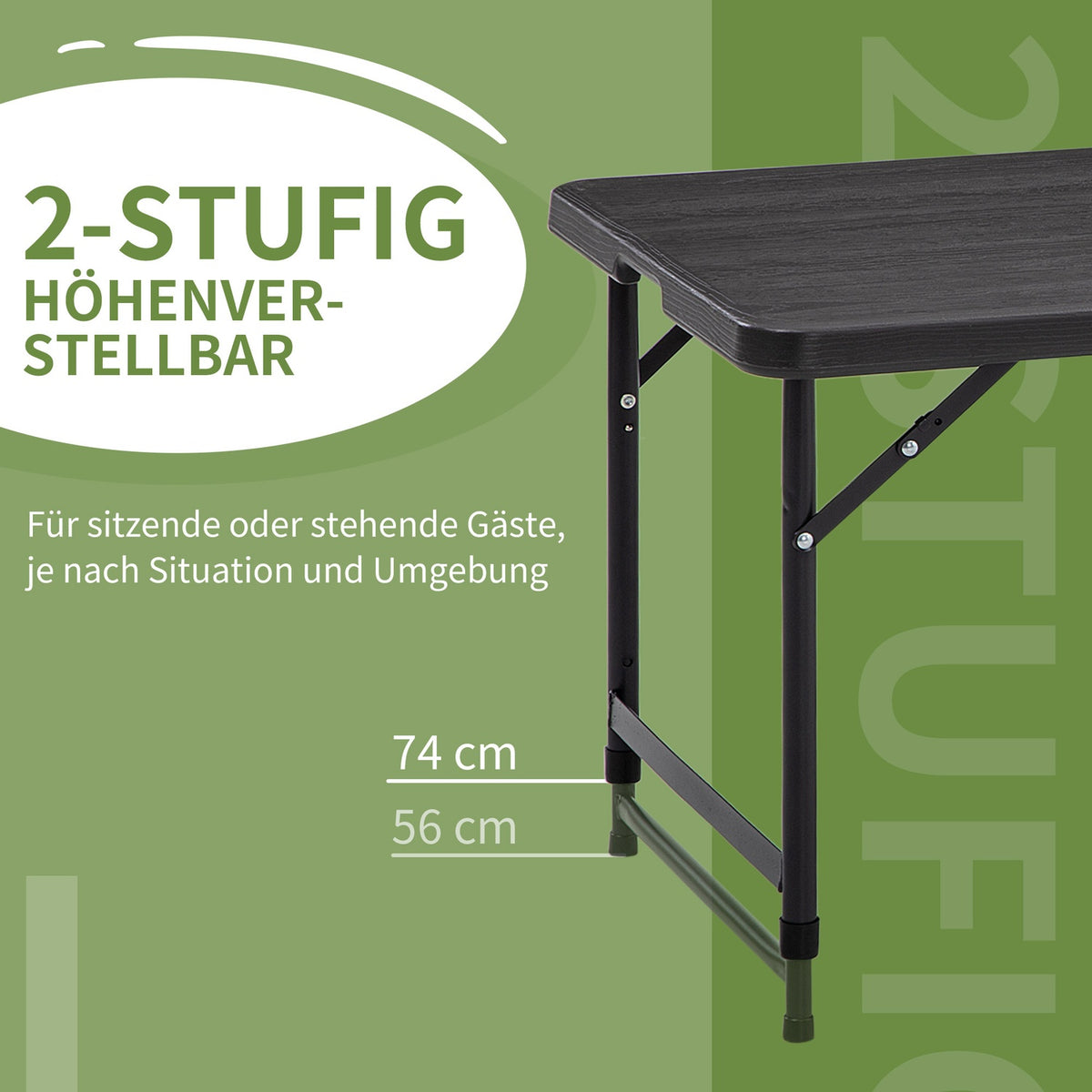Garden Table, Height-Adjustable Folding Table, Patio Table For 4 People, Buffet Table With Steel Frame, 118 X 60 X 74 Cm, Dark Gray