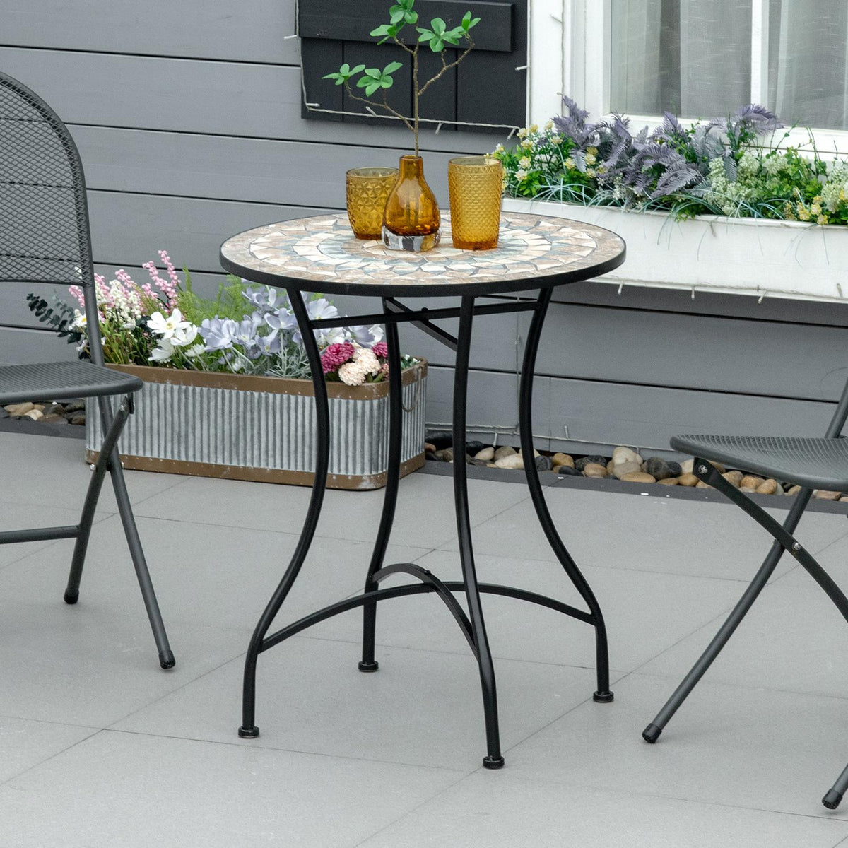 Garden Table Mosaic Table Round Bistro Table Mosaic Plate Ceramic Metal Green + Beige + White Ø60Cm