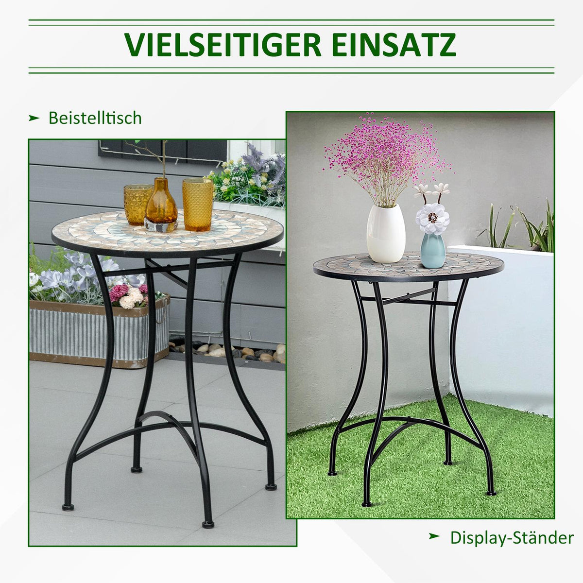 Garden Table Mosaic Table Round Bistro Table Mosaic Plate Ceramic Metal Green + Beige + White Ø60Cm
