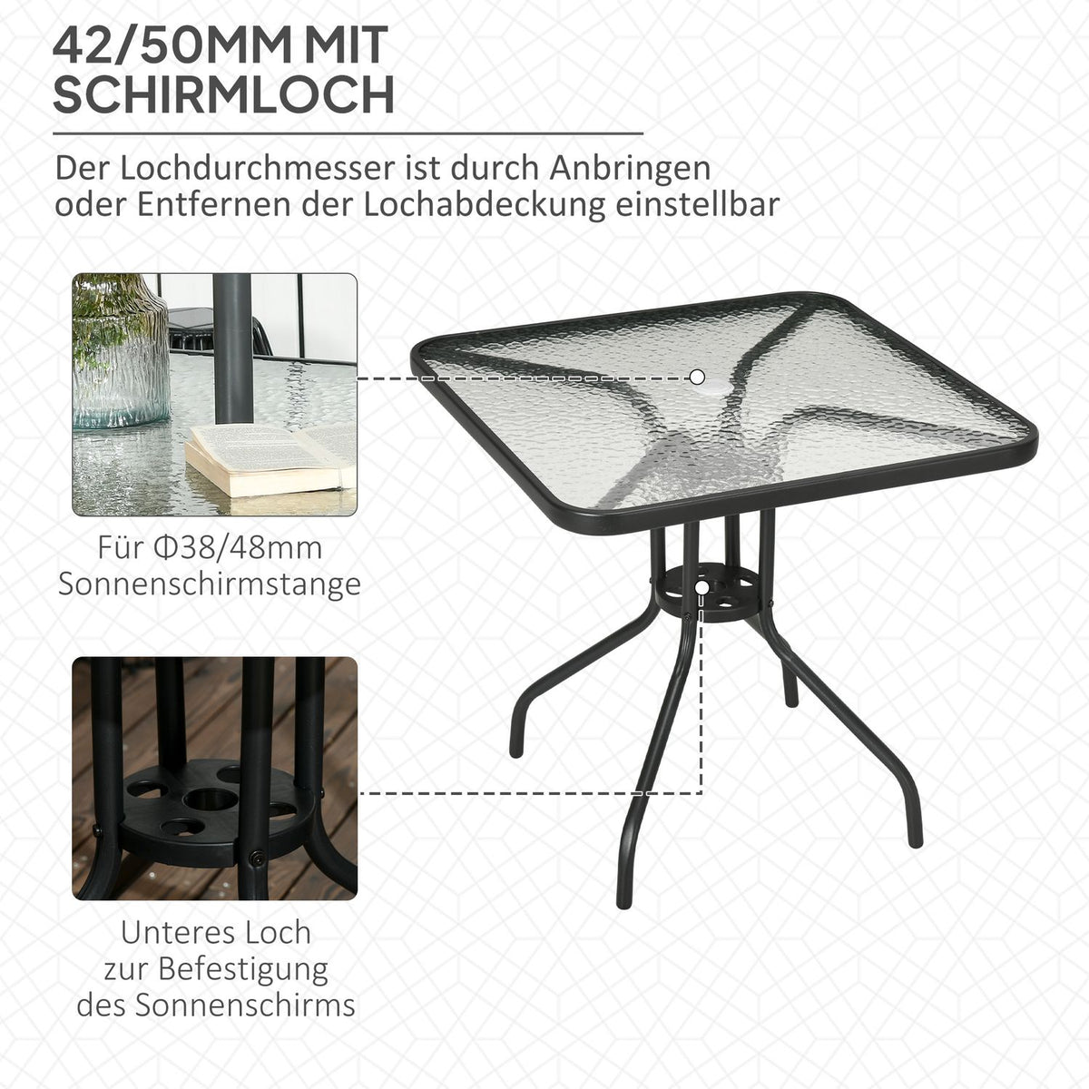 Garden Table Removable Metal 76x76 cm Weatherproof Square Balcony Table with Umbrella Hole, Non-Slip Buffet Table Camping Table Patio Table for Outdoor Garden, Terrace Balcony Black