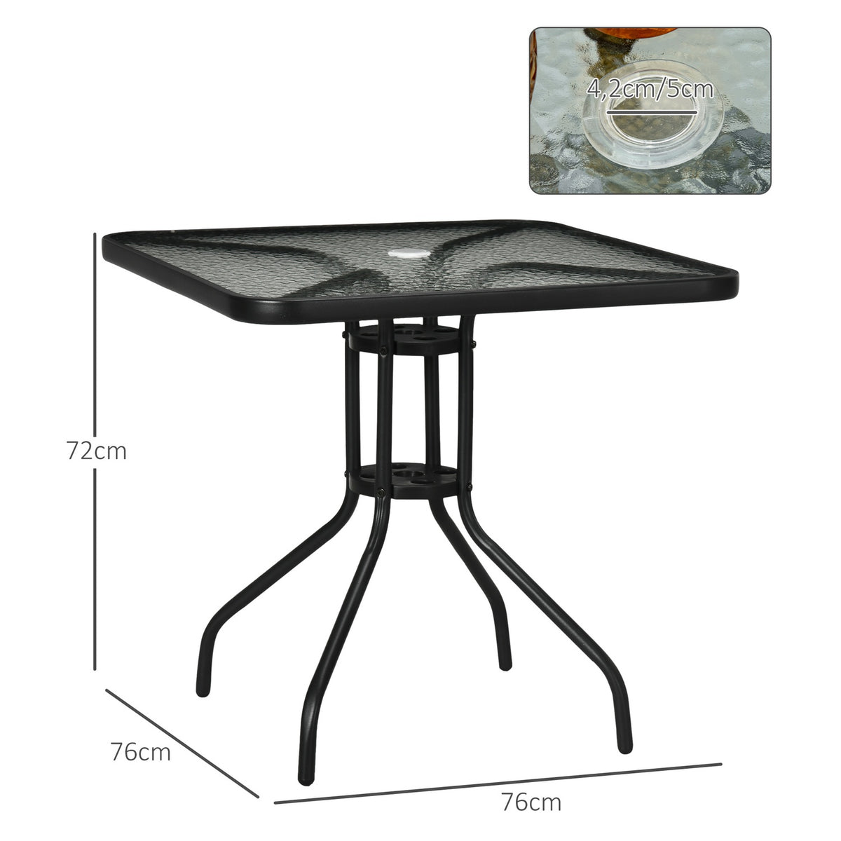 Garden Table Removable Metal 76x76 cm Weatherproof Square Balcony Table with Umbrella Hole, Non-Slip Buffet Table Camping Table Patio Table for Outdoor Garden, Terrace Balcony Black