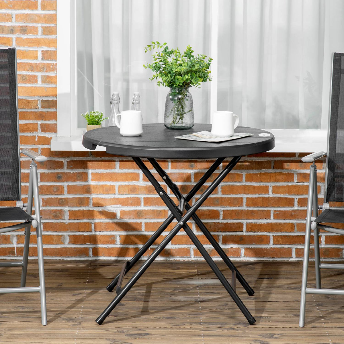 Garden Table, Round Folding Table, Ø80 Cm Side Table For 4 People, Garden Dining Table With Decorative Wood Look, For Balcony, Dark Gray