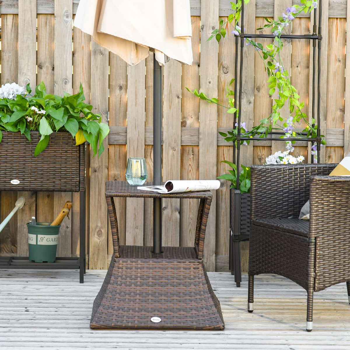 Garden Table Side Table Parasol Stand Garden Furniture Terrace Polyrattan Brown 54 X 54 X 55 Cm
