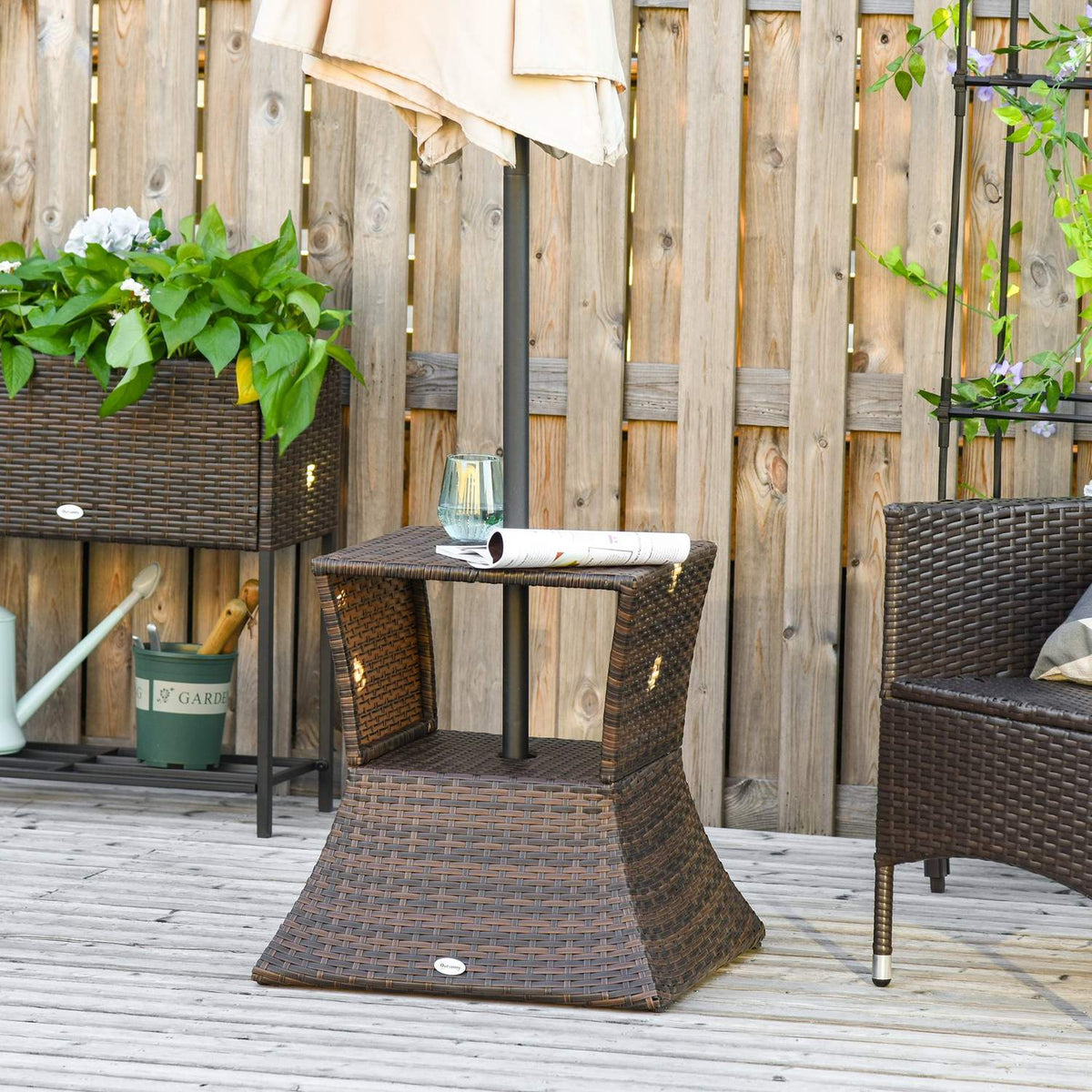Garden Table Side Table Parasol Stand Garden Furniture Terrace Polyrattan Brown 54 X 54 X 55 Cm