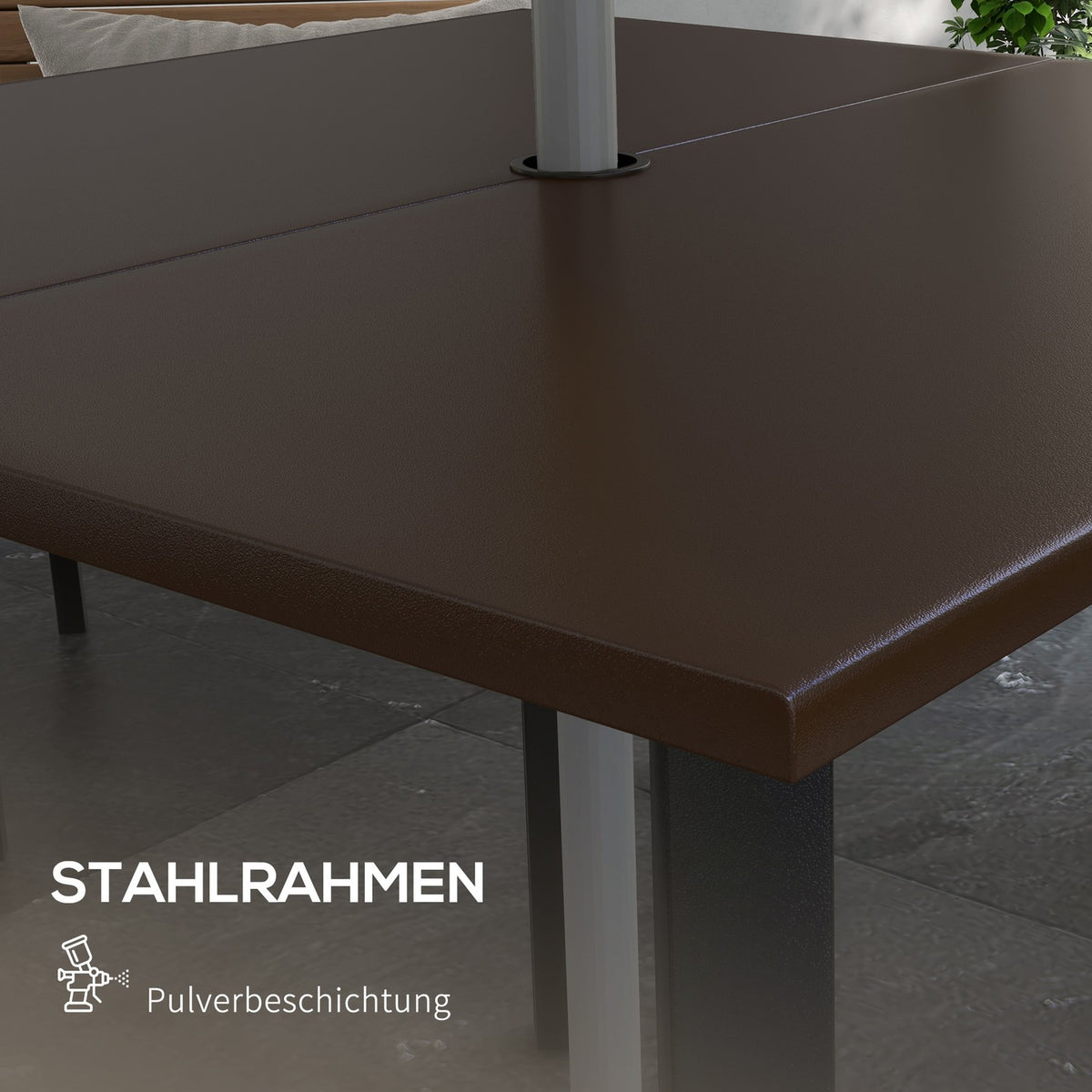 Garden Table Square 4 Person Umbrella Hole Steel Brown 100X100X72Cm