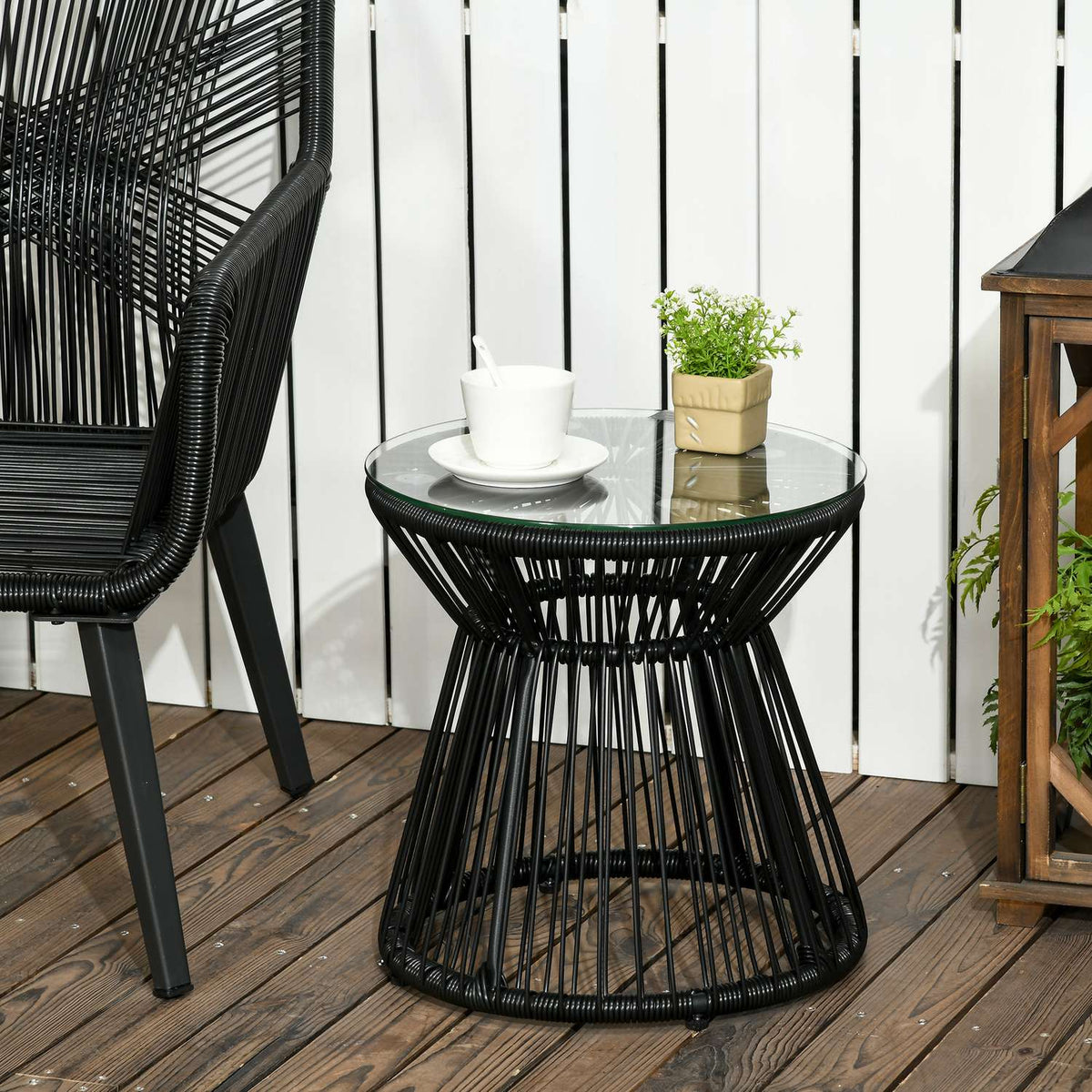 Garden Table With Hollow Drum Design, Bistro Table With Glass Table Top, Round Coffee Table, Bistro Table With Glass Table Top, Black