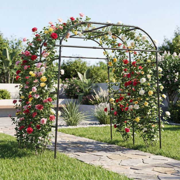 Garden Trellis Arch, U-Shaped PE-Coated Metal, Black