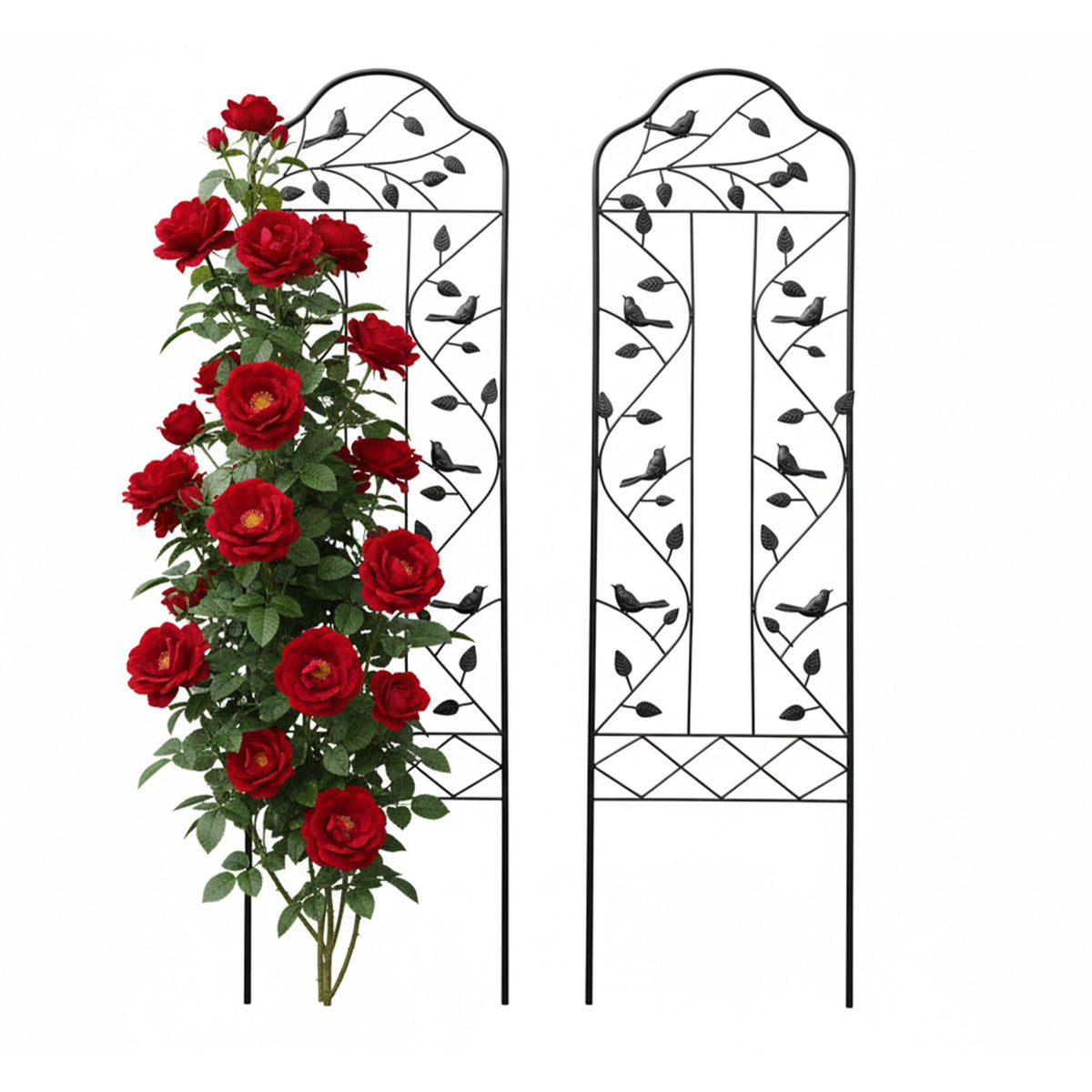 Garden Trellis, Leaf and Bird Motif, Black Steel
