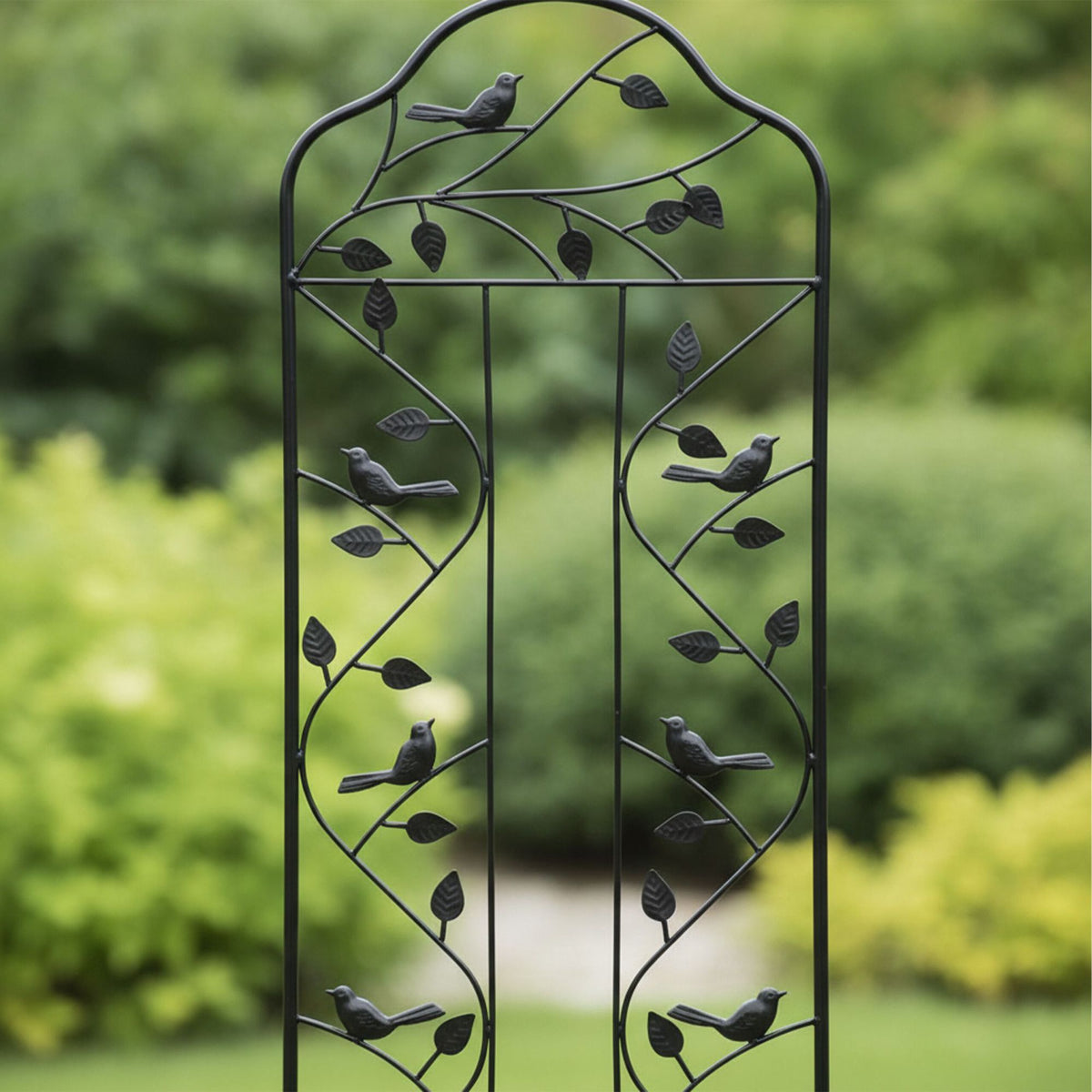 Garden Trellis, Leaf and Bird Motif, Black Steel