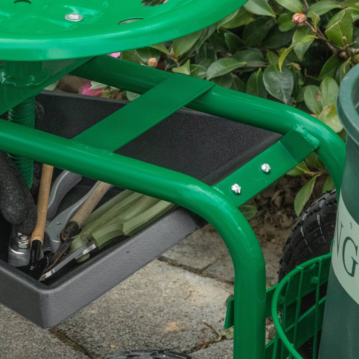 Garden Trolley, Workshop Trolley, Garden Seat With Swivel Seat, Storage Basket, Height-Adjustable, 150 Kg Load Capacity, Metal + Rubber, Green, 81 X 44.5 X 46-59 Cm
