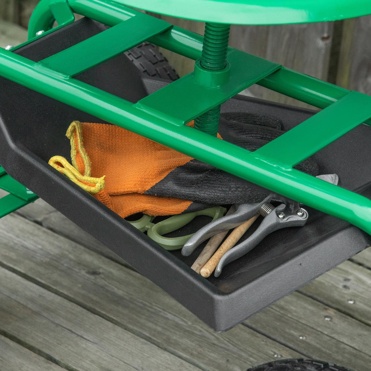 Garden Trolley, Workshop Trolley, Garden Seat With Swivel Seat, Storage Basket, Height-Adjustable, 150 Kg Load Capacity, Metal + Rubber, Green, 81 X 44.5 X 46-59 Cm