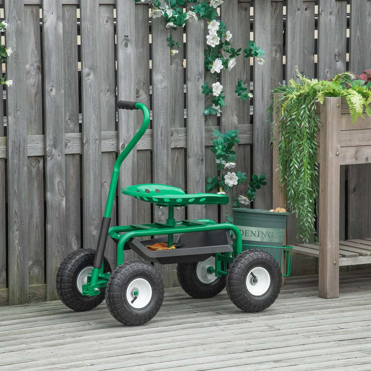 Garden Trolley, Workshop Trolley, Garden Seat With Swivel Seat, Storage Basket, Height-Adjustable, 150 Kg Load Capacity, Metal + Rubber, Green, 81 X 44.5 X 46-59 Cm