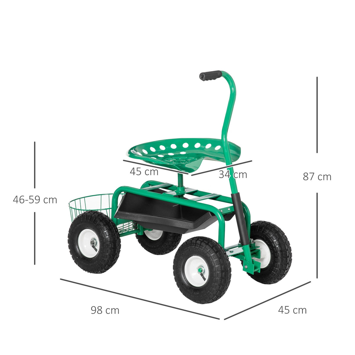 Garden Trolley, Workshop Trolley, Garden Seat With Swivel Seat, Storage Basket, Height-Adjustable, 150 Kg Load Capacity, Metal + Rubber, Green, 81 X 44.5 X 46-59 Cm