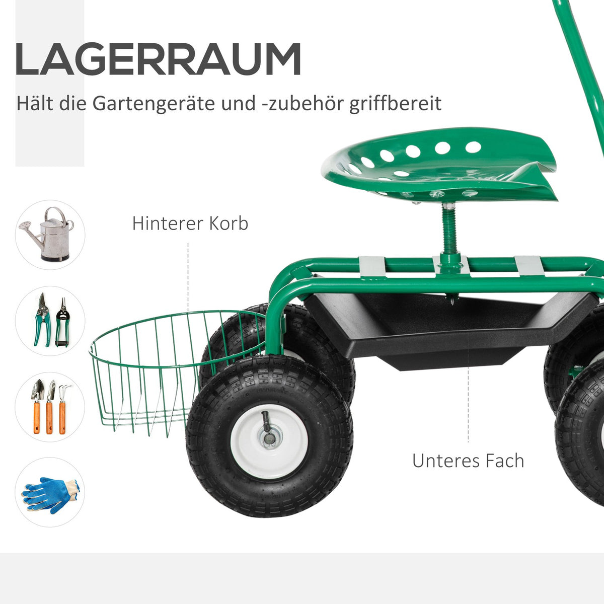Garden Trolley, Workshop Trolley, Garden Seat With Swivel Seat, Storage Basket, Height-Adjustable, 150 Kg Load Capacity, Metal + Rubber, Green, 81 X 44.5 X 46-59 Cm
