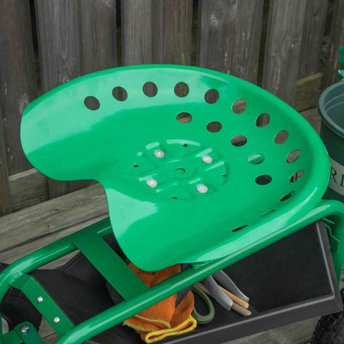 Garden Trolley, Workshop Trolley, Garden Seat With Swivel Seat, Storage Basket, Height-Adjustable, 150 Kg Load Capacity, Metal + Rubber, Green, 81 X 44.5 X 46-59 Cm