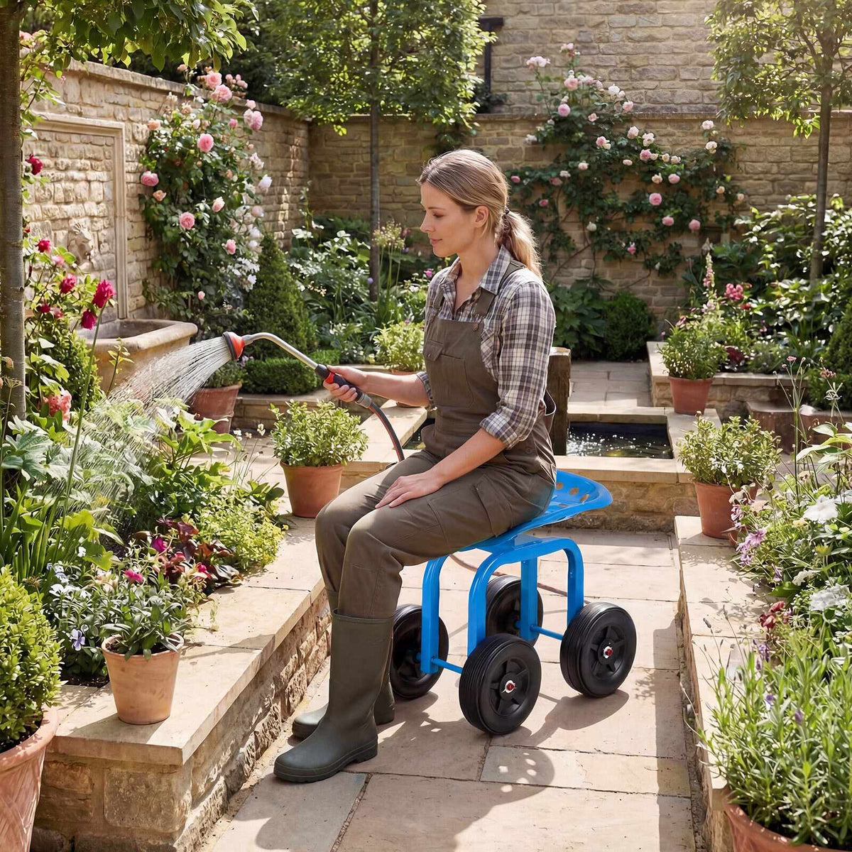 Garden Trolley with Swivel Seat, Adjustable Height, Blue