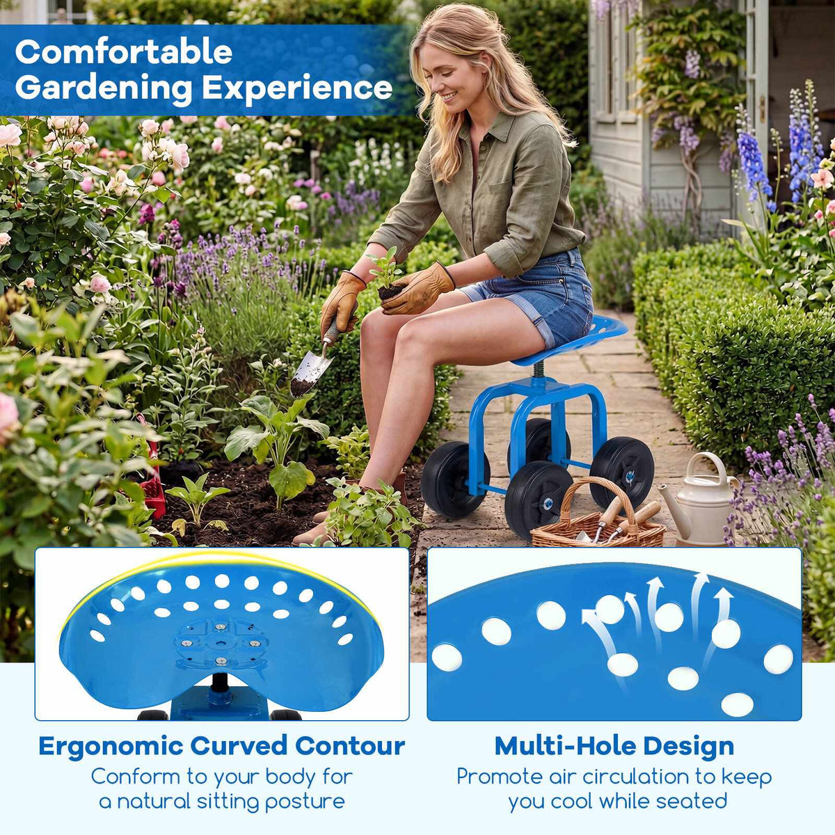 Garden Trolley with Swivel Seat, Adjustable Height, Blue