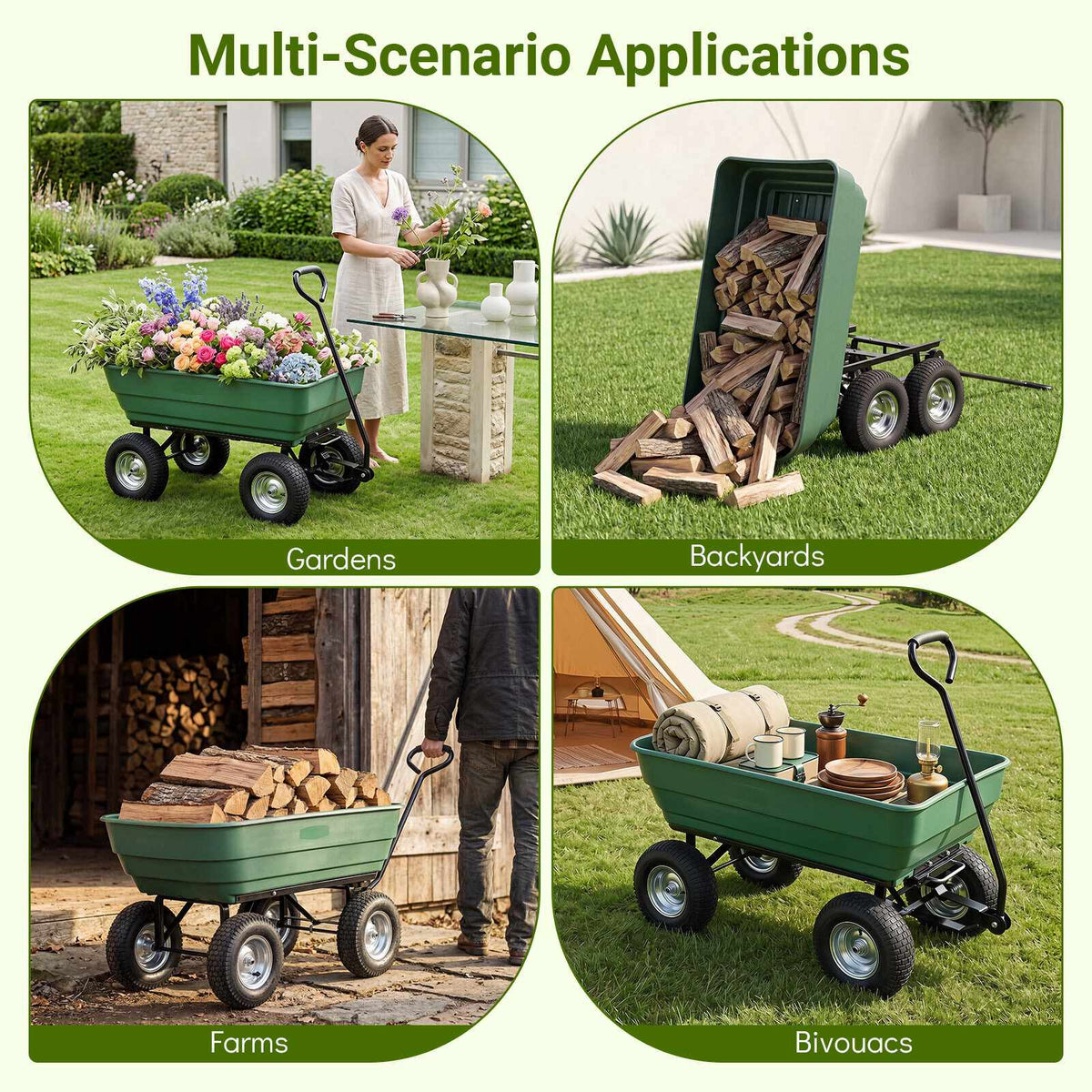Garden Trolley with Tipping Function, 410 kg Capacity, Green