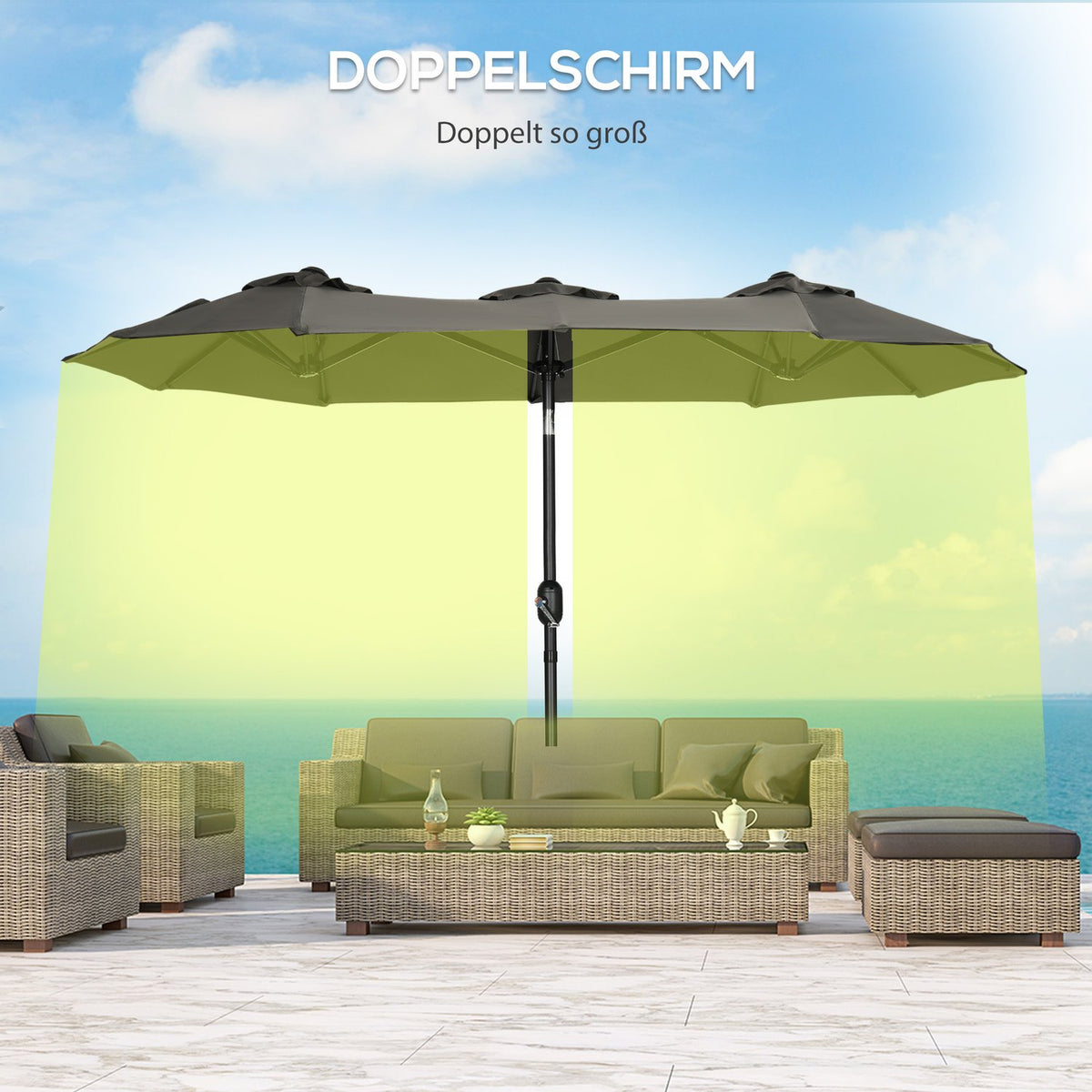 Garden Umbrella 285X147Cm Market Umbrella With Adjustable Tilt Angle Double Parasol Wind Canopy For Patio Gray