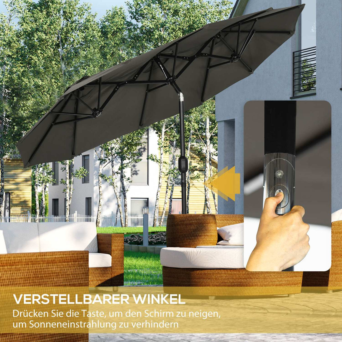 Garden Umbrella 285X147Cm Market Umbrella With Adjustable Tilt Angle Double Parasol Wind Canopy For Patio Gray