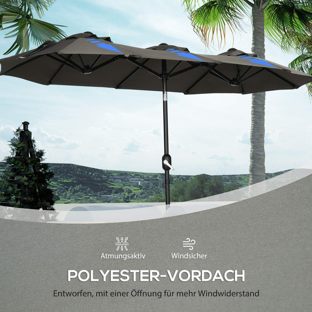 Garden Umbrella 285X147Cm Market Umbrella With Adjustable Tilt Angle Double Parasol Wind Canopy For Patio Gray