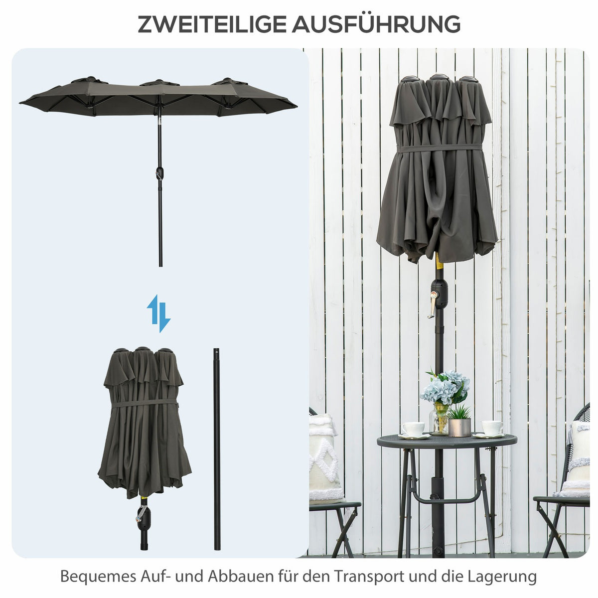 Garden Umbrella 285X147Cm Market Umbrella With Adjustable Tilt Angle Double Parasol Wind Canopy For Patio Gray