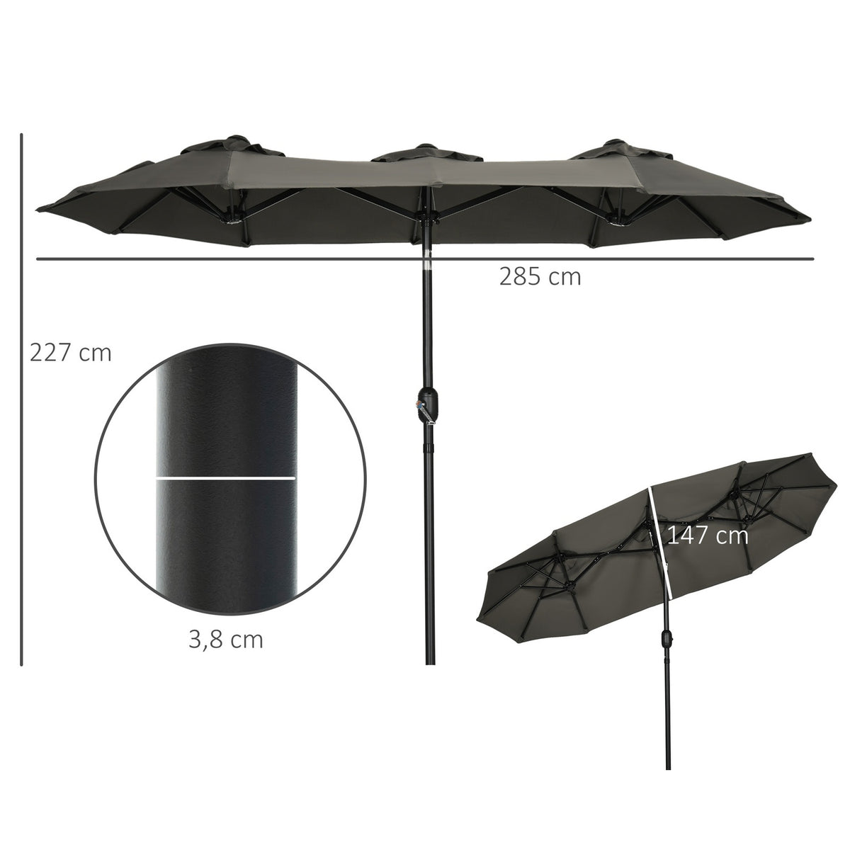 Garden Umbrella 285X147Cm Market Umbrella With Adjustable Tilt Angle Double Parasol Wind Canopy For Patio Gray