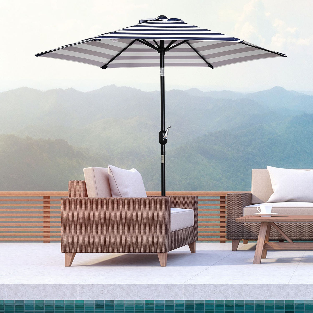 Garden Umbrella, Patio Umbrella With Steel Frame, Blue Stripes, Ø230X216Cm, For Outdoor Use