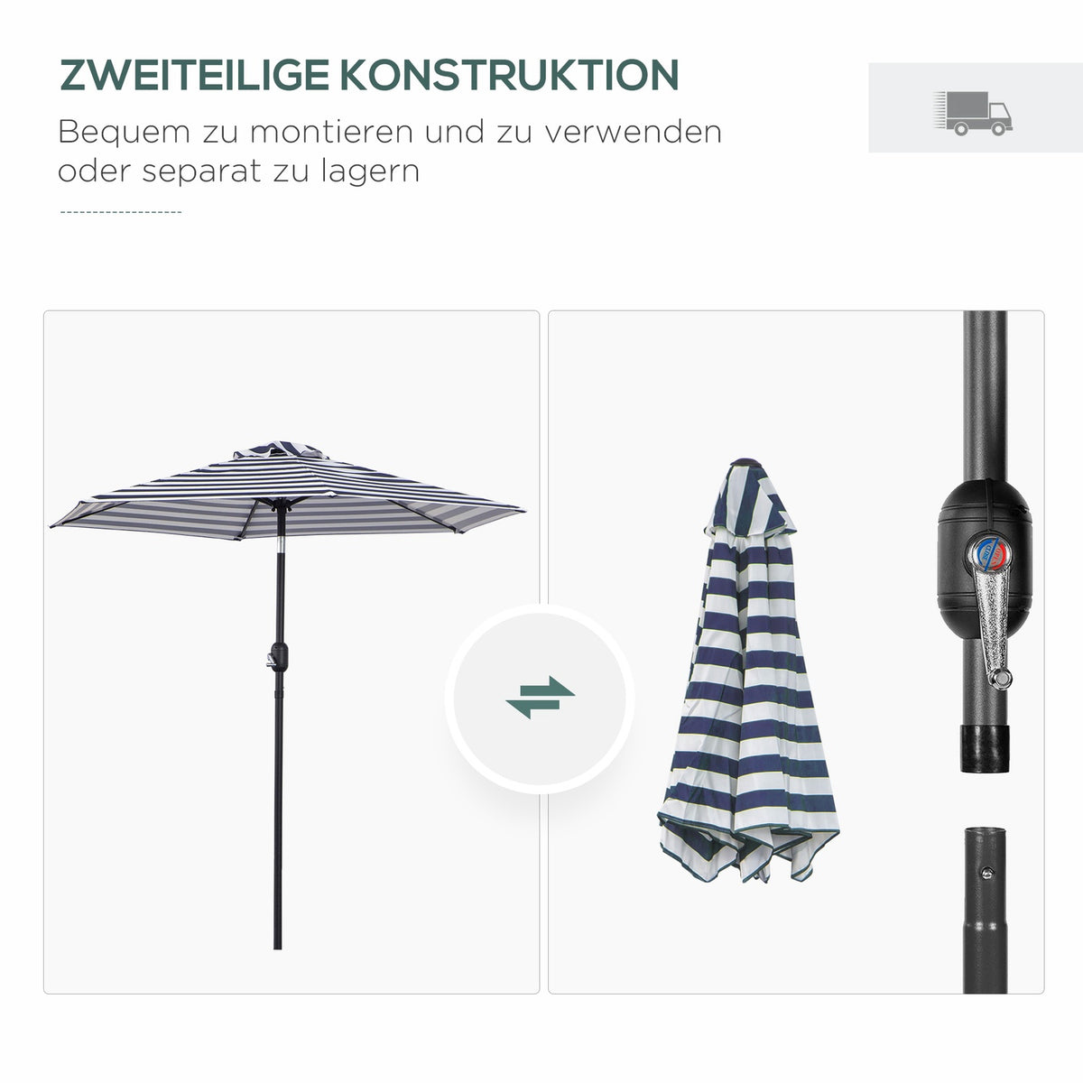 Garden Umbrella, Patio Umbrella With Steel Frame, Blue Stripes, Ø230X216Cm, For Outdoor Use