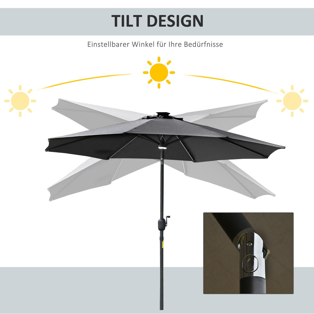 Garden Umbrella Solar Lighting Led Steel Aluminum Polyester Dark Gray Ø270X245Hcm