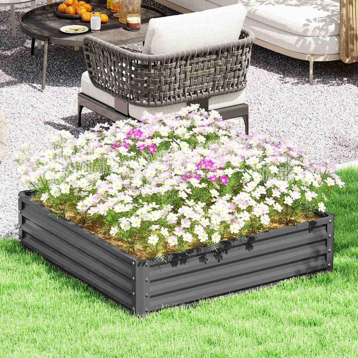Garden bed, planter with steel casing, light grey, 120 x 120 x 30 cm