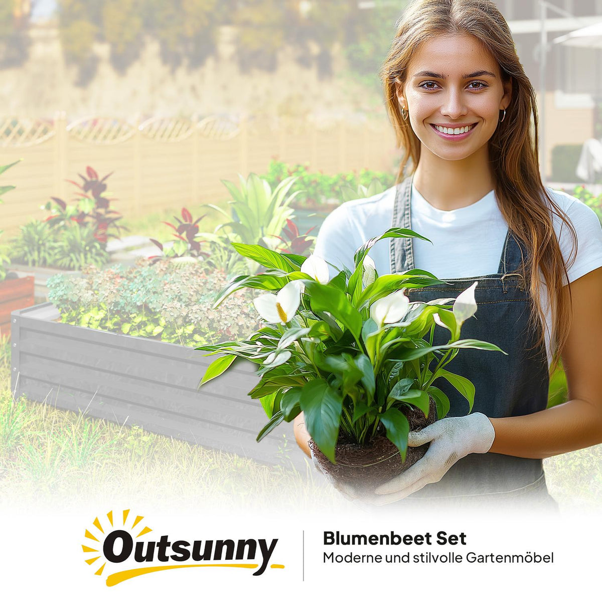 Garden bed, planter with steel casing, light grey, 120 x 120 x 30 cm