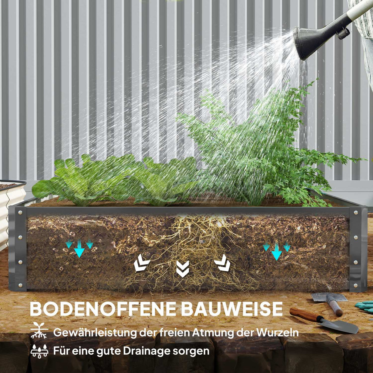 Garden bed, planter with steel casing, light grey, 120 x 120 x 30 cm
