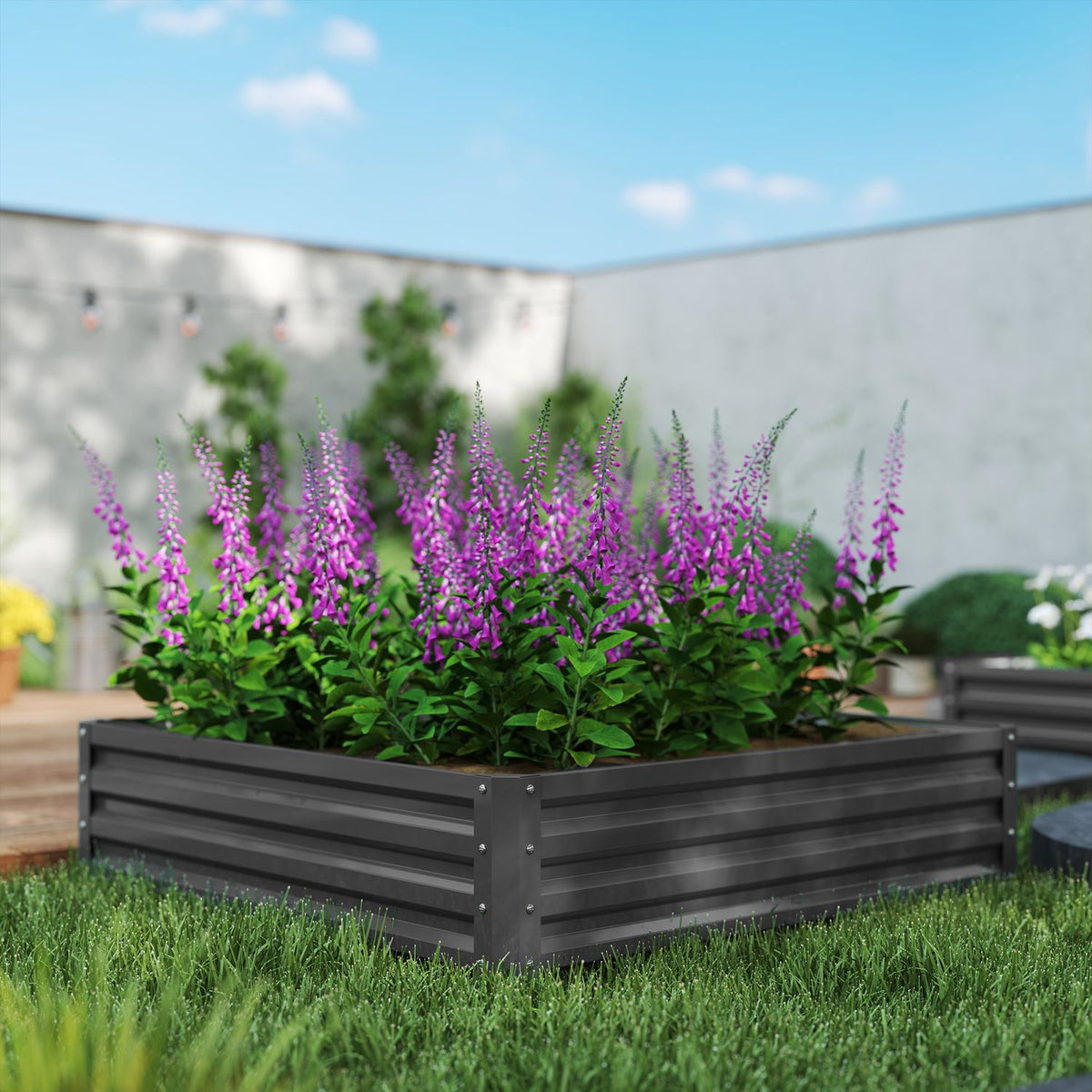 Garden bed, planter with steel casing, light grey, 120 x 120 x 30 cm