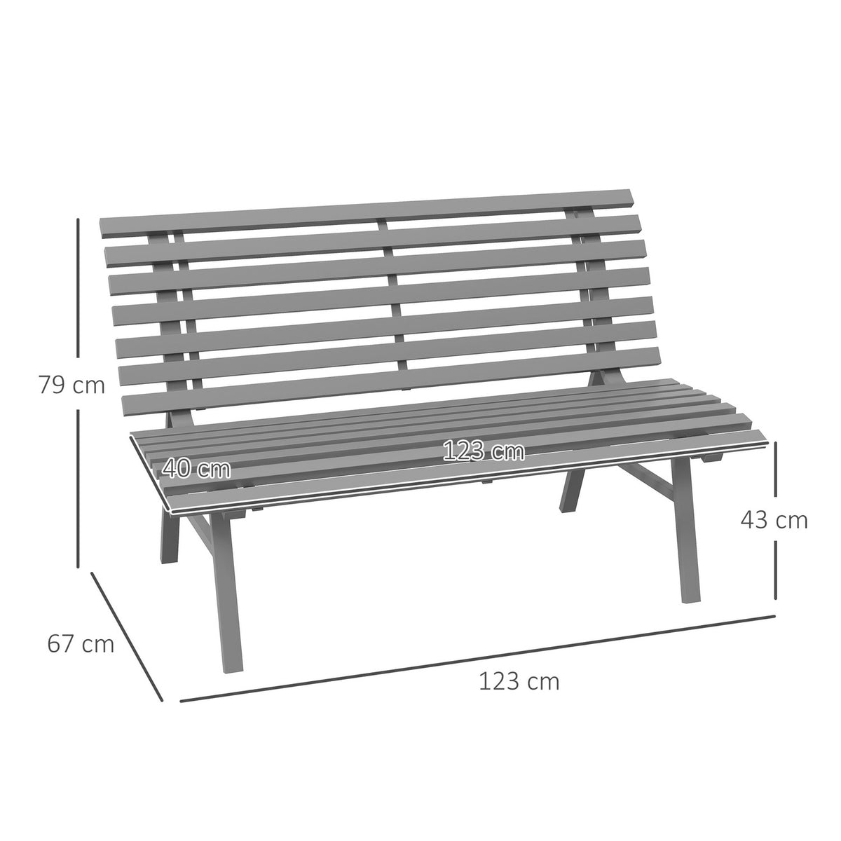 Garden bench 2 seater park bench with backrest made of aluminum 123x67x79cm gray for garden terrace balcony
