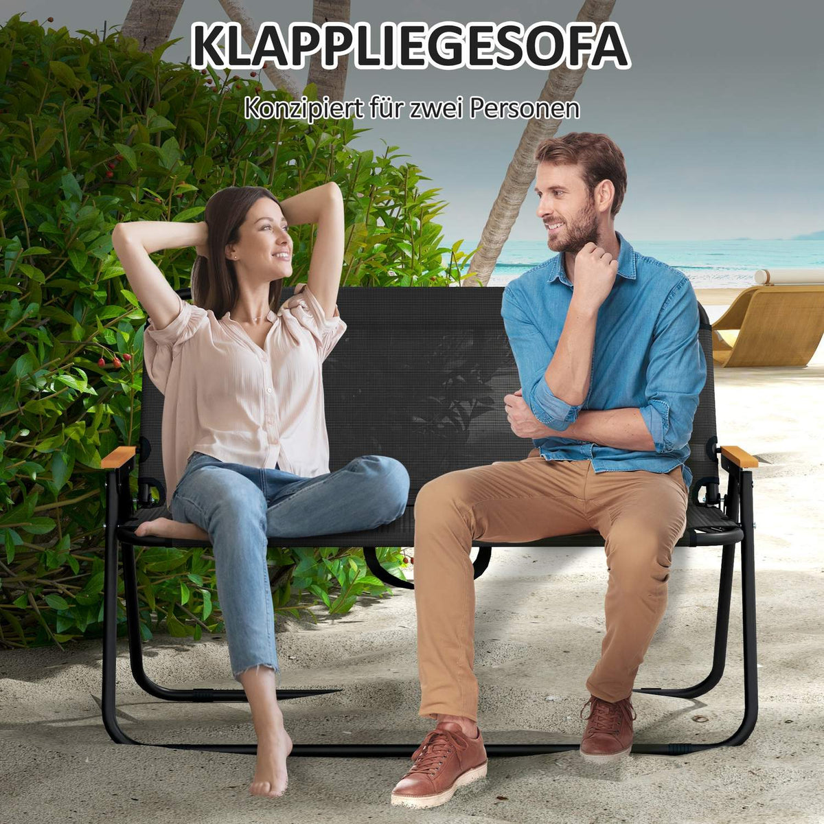 Garden bench folding 2-seater camping bench, up to 220 kg, for camping & patio, mesh, black, 108x65x73cm