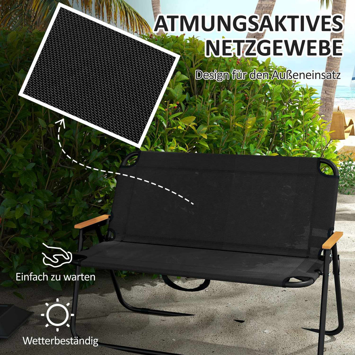 Garden bench folding 2-seater camping bench, up to 220 kg, for camping & patio, mesh, black, 108x65x73cm