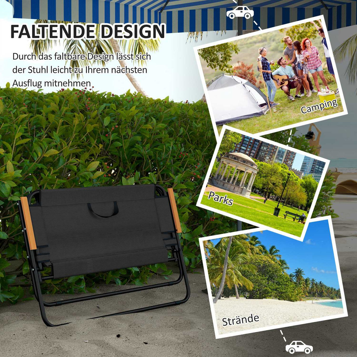 Garden bench folding 2-seater camping bench, up to 220 kg, for camping & patio, mesh, black, 108x65x73cm