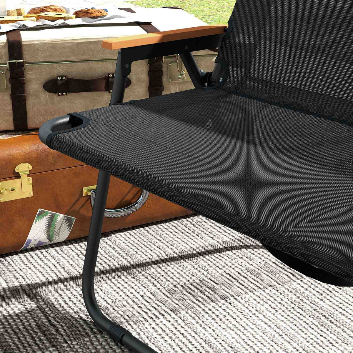 Garden bench folding 2-seater camping bench, up to 220 kg, for camping & patio, mesh, black, 108x65x73cm