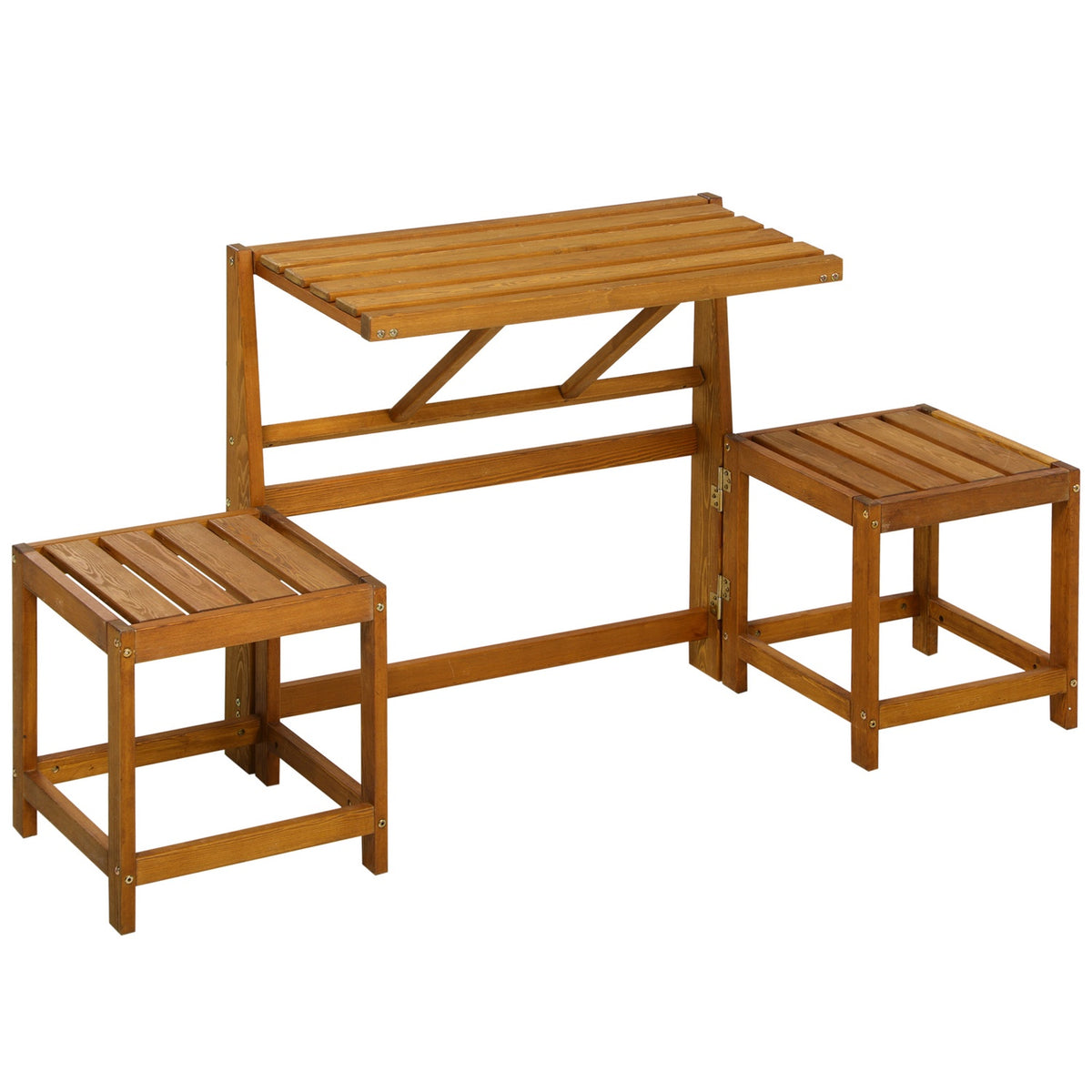 Garden bench for 2 people, 2-in-1 combination with table and 2 stools, weatherproof larch wood in teak look
