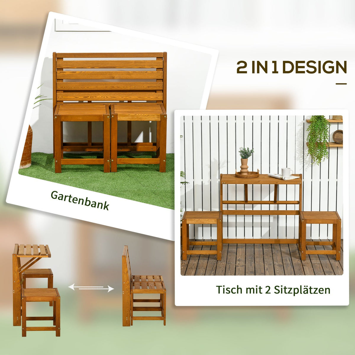 Garden bench for 2 people, 2-in-1 combination with table and 2 stools, weatherproof larch wood in teak look