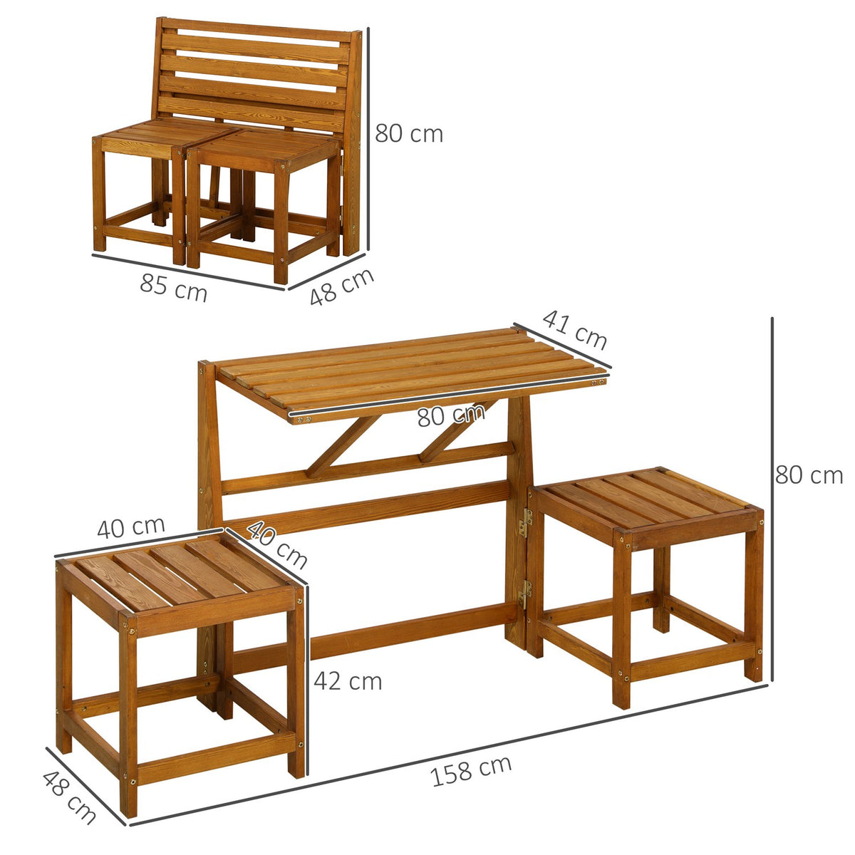 Garden bench for 2 people, 2-in-1 combination with table and 2 stools, weatherproof larch wood in teak look