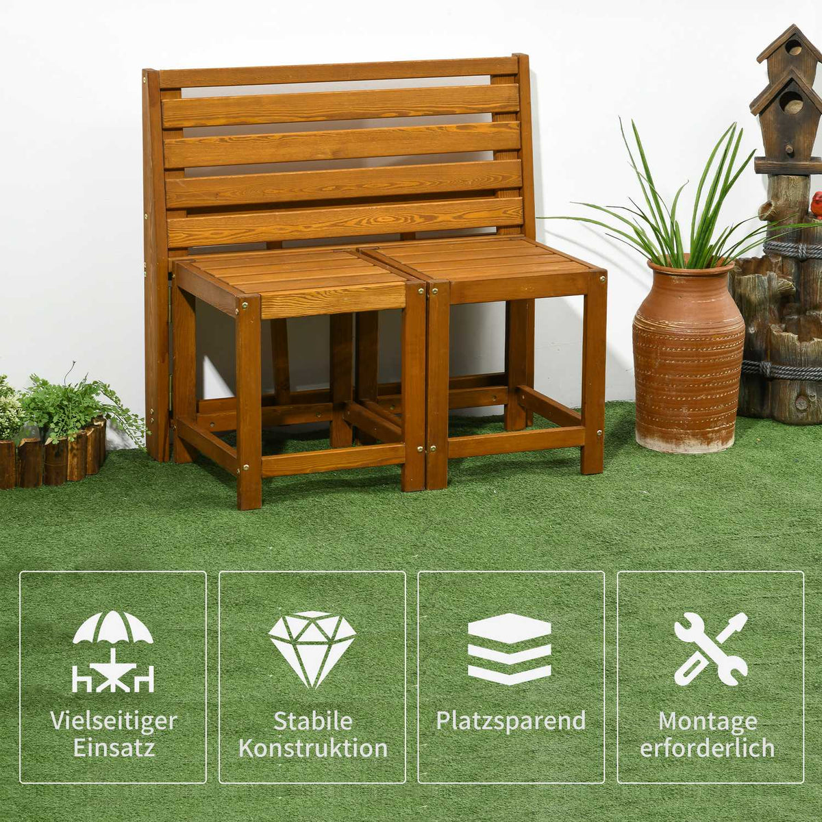 Garden bench for 2 people, 2-in-1 combination with table and 2 stools, weatherproof larch wood in teak look