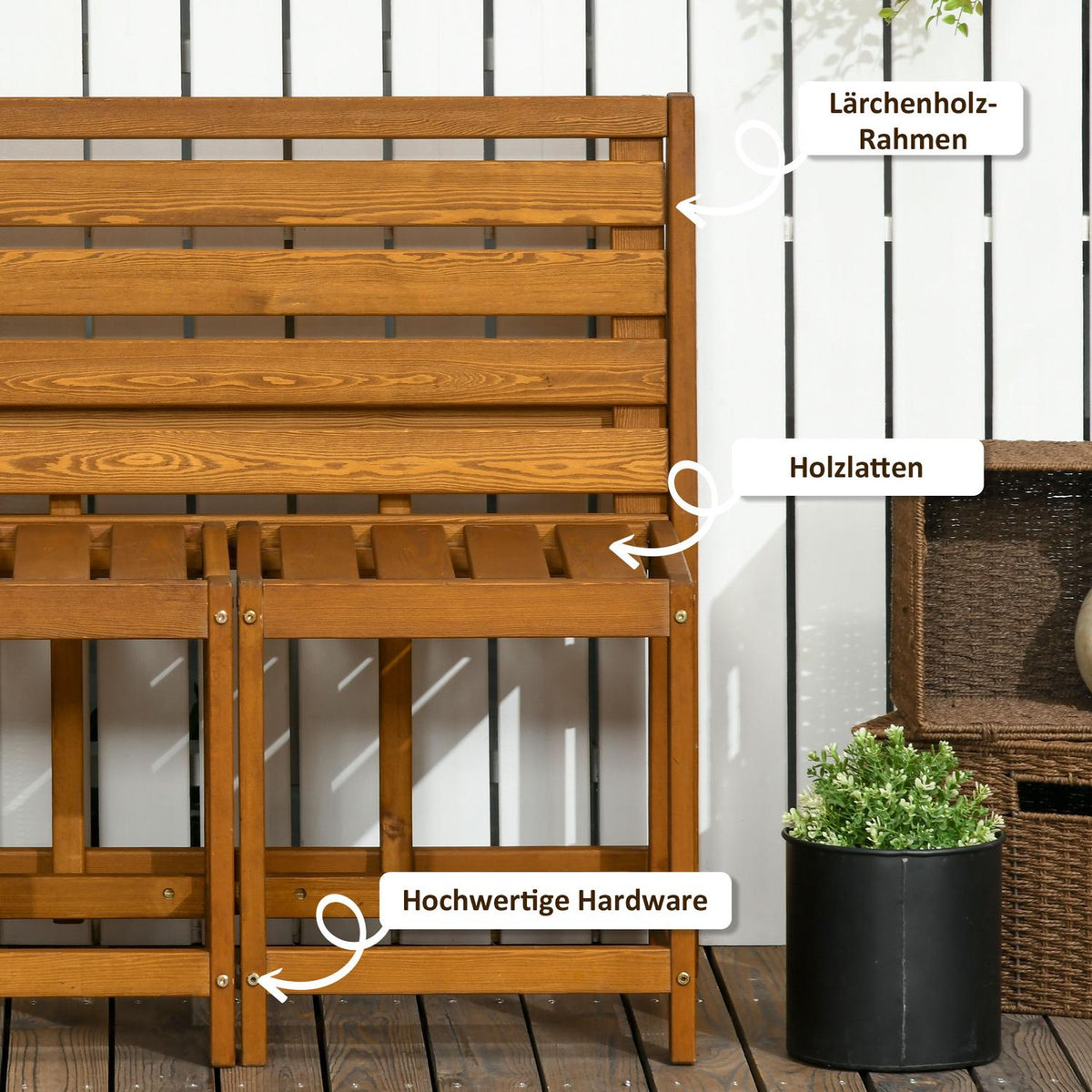 Garden bench for 2 people, 2-in-1 combination with table and 2 stools, weatherproof larch wood in teak look