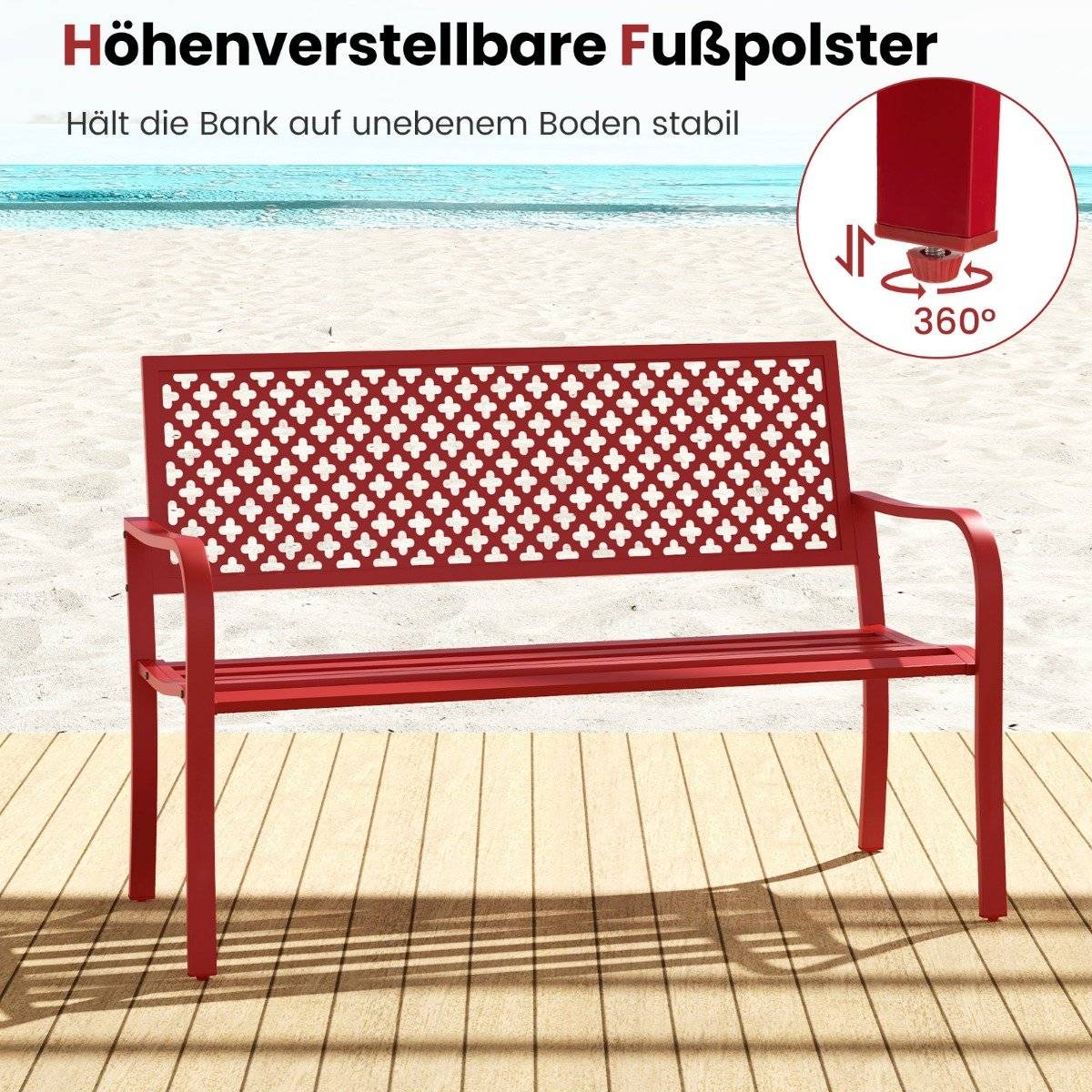 Garden bench metal weatherproof bench for 2-3 seater park bench with backrest and armrest 127 x 62 x 86 cm red
