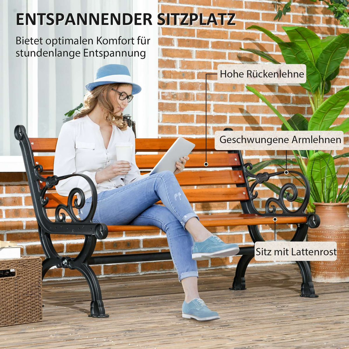 Garden bench, park bench, bench for 2 people, balcony bench with armrests, for garden, balcony, weatherproof, wood, 120 x 64 x 79 cm, teak