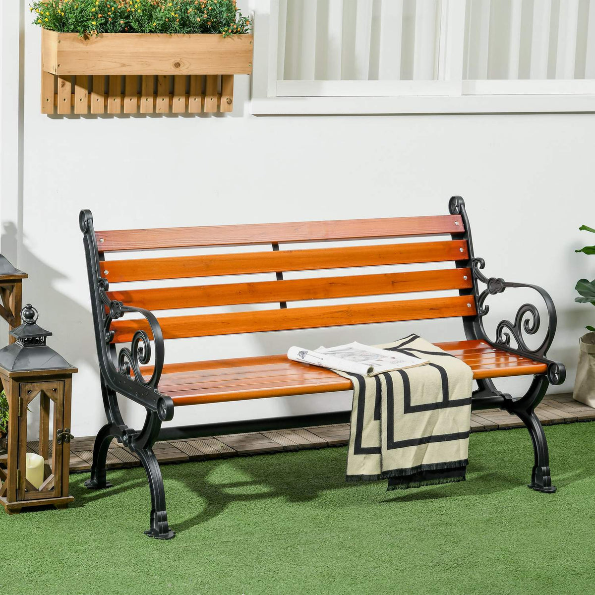 Garden bench, park bench, bench for 2 people, balcony bench with armrests, for garden, balcony, weatherproof, wood, 120 x 64 x 79 cm, teak